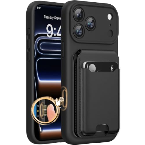 Image of Miracase Magnetic for iPhone 17 Pro Case & Stand Wallet, Compatible with MagSafe, Integrated Silicone Camera Control Cover, Magnetic Force 3000Gs,5-Card Holder,Black+Black