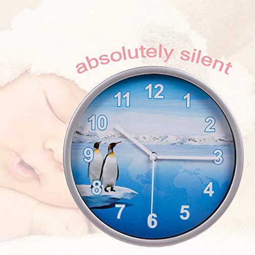 8” Penguins Pictured Silver Frame Silent Non-Ticking Bathroom Wall Clock Battery Operated #TOP3