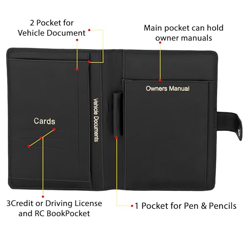 Image of Storite Car Document Holder Owner Manual, Durable PU Leather Vehicle Registration & Insurance Insurance Card, Driving Licence, RC Book Organizer with Multiple Pockets (Black)