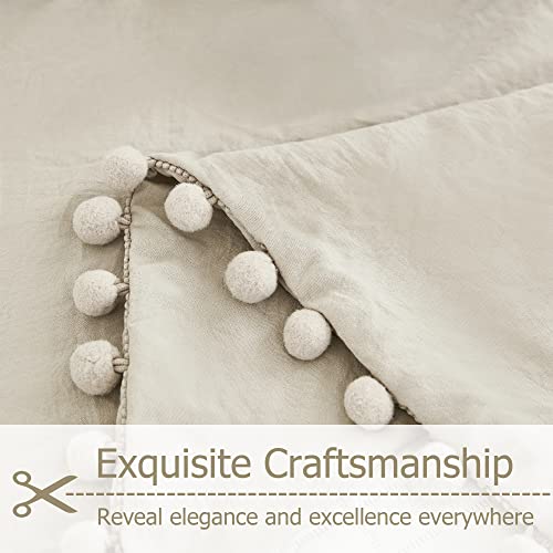 Andency Beige Duvet Cover Duvet Cover Queen (90x90 Inch), 3 Pieces (1 Pom Pom Fringe Comforter Cover, 2 Pillowcases) Soft Microfiber Farmhouse Duvet Cover Set with Zipper Closure, Corner Ties