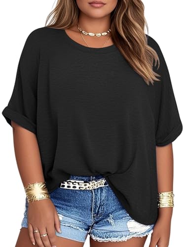 Womens Plus Size Summer Tops Oversized Half Sleeve Crew Neck T Shirts Loose Fit Tee Top Flowy Casual Blouses XL-5XL