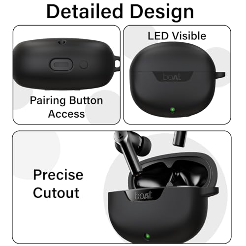 Image of Sounce Earphone Case Cover for Boat Airdopes 300 Premium TWS Soft Silicone Skin Case Cover Shock Absorbing Protective Case with Keychain [Front LED Visible] - Black