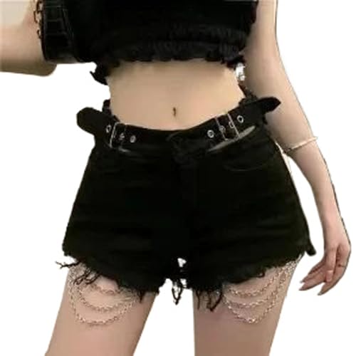 Short jean punk femmes avec détails de boucles et design ajouré noir