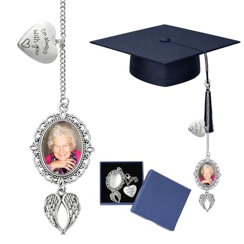 Graduation Tassel Photo Charm 2026 - Personalized Memorial Tassel Charm for Graduation Cap - Angel Wing Sympathy Gift Hanging Ornament for Car Rear View Wedding Bouquet Charms