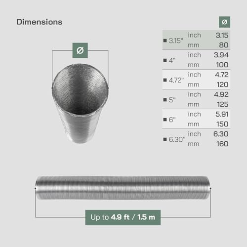 Vent Systems Flexibles Rund Aluminiumrohr DN 80 mm x 1.5 m lange Aluminiumschlauch, Flexibler Schlauch, Abluftschlauch für Heizung und Kühlung Klimaanlagen, Trockner, Abluftventilator