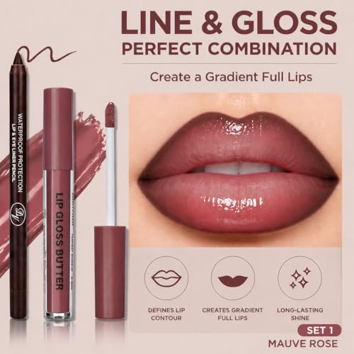 Image of BAISEN DIARY 2PCS Lip Gloss with Brown Lip Liner Lip Combo Set, Romantic Mauve Rose Shade for Soft Nude Pink Lips, Lip Plumping Effect, High Shine Juicy Gloss, Over Lip Makeup for Fuller Looking Lips