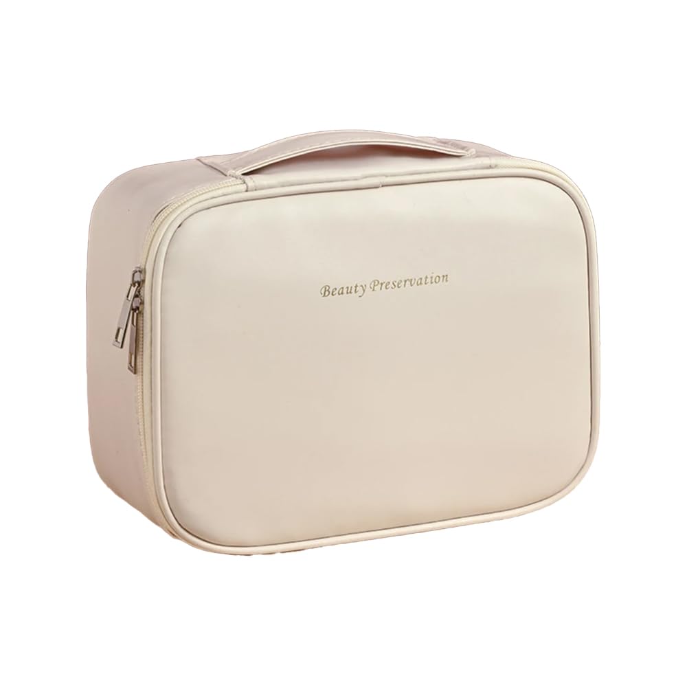 AVARION Large Capacity Travel Makeup Bag – Portable Cosmetic Organizer with Zipper Pockets, Multifunction Beauty Pouch for Women, Spacious Toiletry Bag for Skincare & Nail Tools (Cream)