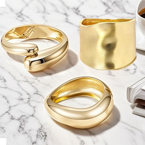 OXWIND Chunky Gold Bracelet - 3pcs Gold Cuff Bangles for Women Trendy Cuff Bracelets Wide Thick Gold Bangles Non Tarnish Jewelry, 3 Packs3