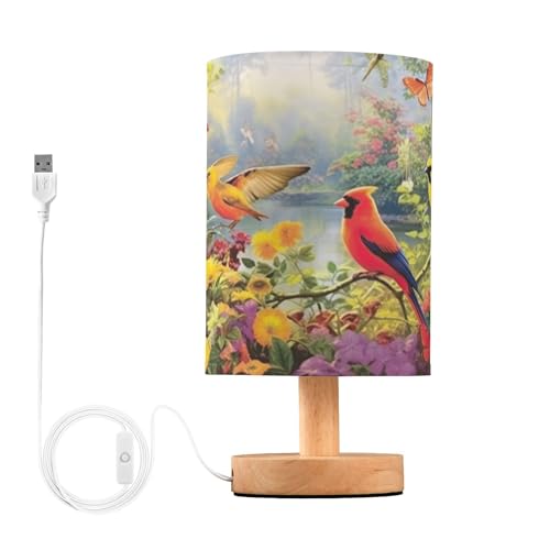 Ewusp Lámpara de mesita de noche colorida para dormitorio, lámpara LED de mesita de noche con puertos de carga USB, pantalla de tela y base de madera para escritorio, sala de estar, guardería, oficina