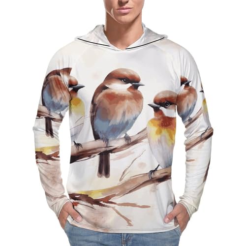 Men's Sun Shirts UPF 50+ Rash Guard Long Sleeve Sun Protection Hoodie Birds Resting on Tree Branch Lightweight Shirt XL White