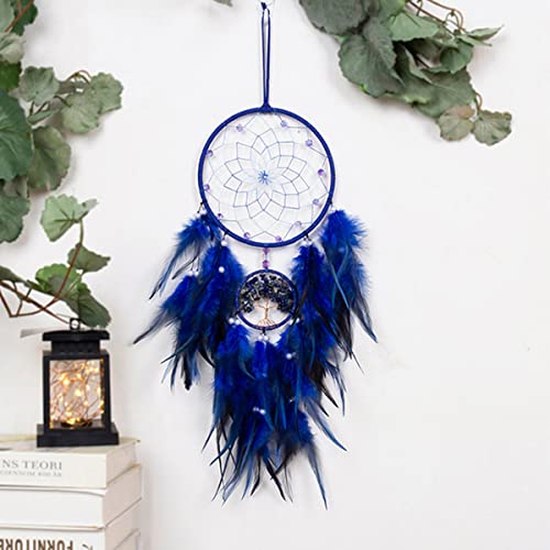 Blue Dream Catchers, Dream Catcher Tree of Life Wall Decor for Bedroom, Handmade Dreamcatcher with Healing Crystal Stone Wall Home Ornament for Kids Birthday Party Blessing Gift (Blue)