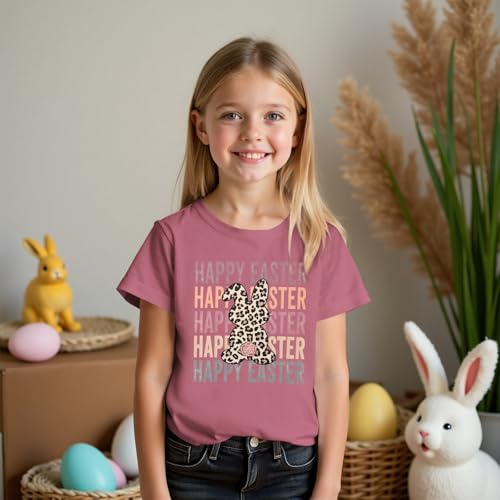 Girls Happy Easter Shirts Leopard Bunny Tshirt Cute Rabbit Outfits Kids Easter Holiday Short Sleeve Tee Tops 7-12Y4