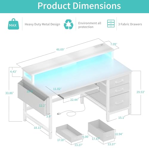 Image of Lufeiya Gaming Desk with LED Lights and Power Outlets, 47 Inch Home Office Desks with Keyboard Tray, White Computer Desk with File Drawers Cabinet, Writing Table PC Desks with Monitor Stand, White