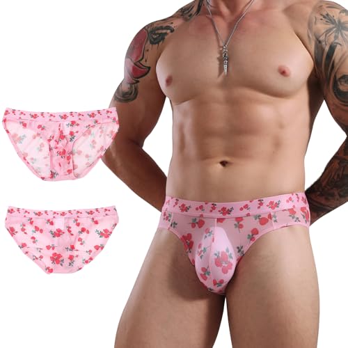 DivineBull Mens Lace Frilly Sissy Thong Panties G-string Bikini Briefs Underwear Sissy Pouch for Men Pink