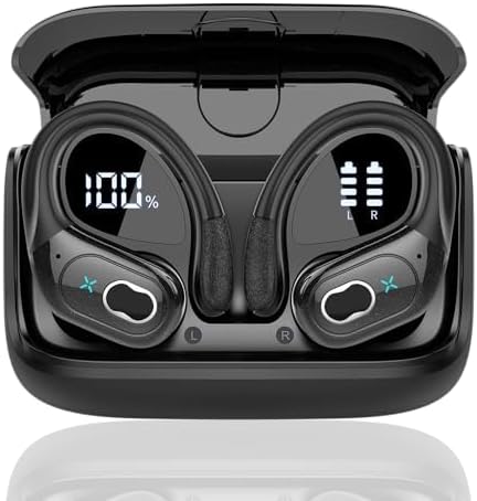 Wireless Earbuds, 75H Bluetooth 5.3 Headphones with ENC Noise Cancelling Mic, Deep Bass Wireless Earphones, IP7 Waterproof Sports Ear buds with Ear hooks, Dual LED Display, Deep Black
