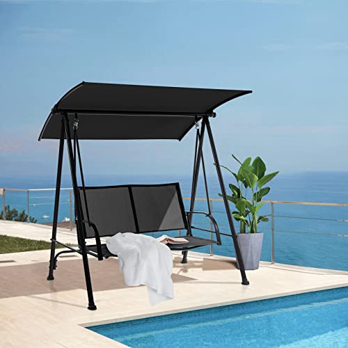 Image of Tangkula 2 Person Porch Swing, Patio Swing with Adjustable Canopy, Comfortable Fabric Seat & Heavy-Duty Steel Frame, Outdoor Canopy Swing for Patio, Garden, Poolside (Black)