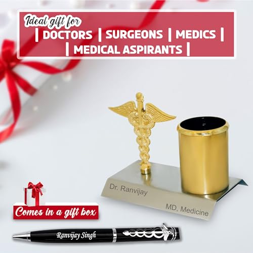 Image of SAVRI Personalized Doctor's Combo - Name Engraved Doctor Symbol Pen & Name /Designation Pen Stand - Customized Gift for Doctors, Surgeons - Perfect for Doctor's Day, Convocation & Premium New year Gift