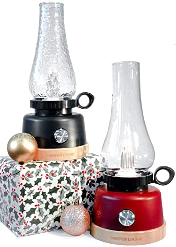 Oil lamp style Rechargeable LED Glass Tabletop Lantern, flame effect, Red Finish Base, Dimmable and Colour temperature changing 2200k to 6500k, 5000mAh power bank, for Tables camping hiking power cuts