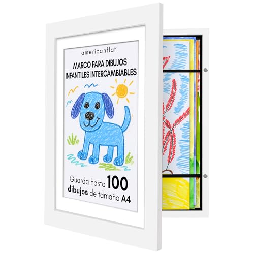 Americanflat Blanco Marco Dibujos Infantiles A4 - Cuadro de Almacenamiento para Niños para 100 Unidades, Proyectos de Arte, Puzzles, Fotos y Decoración - Madera Compuesta con Vidrio Resistente