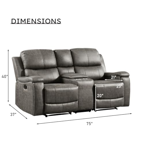 Image of CANMOV Manual Reclining Loveseat Sofa with Console,Faux Leather Double Recliner Loveseat Sofa with Hidden Storage and Cup Holders,Manual Recliner Loveseat Couch Set for Living Room,Grey