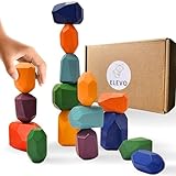 ELEVO Stapelsteine Holz 16 Stück – Montessori Balance Steine Kinder ab 3 Jahren – Motorikspielzeug & pädagogisches Lernspielzeug – inkl. Baumwollsäckchen, Holzbausteine