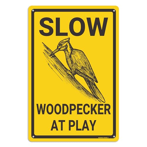 Slow Woodpecker at Play Aluminium Metal Sign, Funny Woodpecker Warning Sign, Woodpecker Decor, Woodpecker Gift, Unique Bird Decor for Farmhouse/Home/Yard/Children Room, 8"x12" Indoor/Outdoor