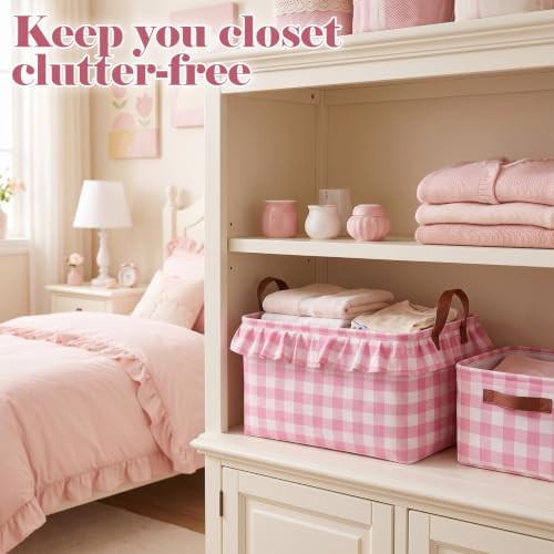 Image of Boao 1 Pcs Pink Ruffled Gingham Canvas Basket, Rectangular Organizing Decorative Storage Basket with Handle, Cute Farmhouse Home Decor for Nursery Room Bathroom Living Room