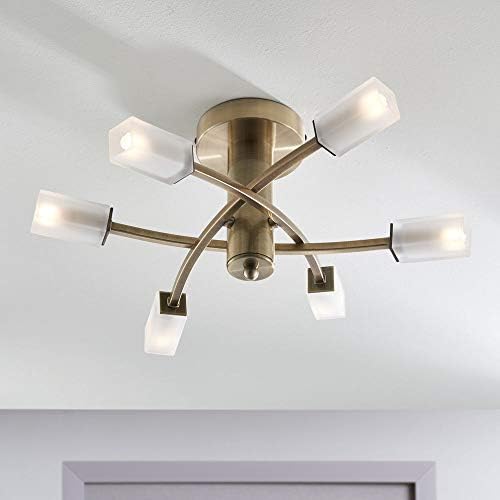 Cuba Modern 6 Way Antique Brass Branch Arm Ceiling Light with Frosted Light Diffusing Glass Shades