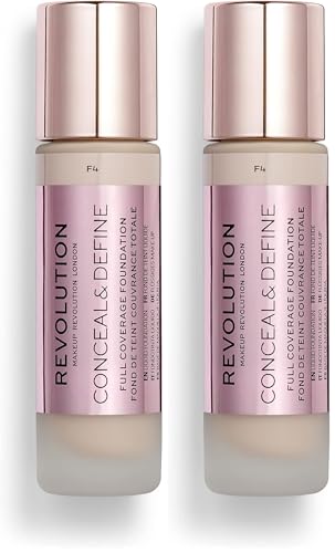 Makeup Revolution, Base de maquillaje Conceal & Define, F4, 23ml (Paquete de 2)