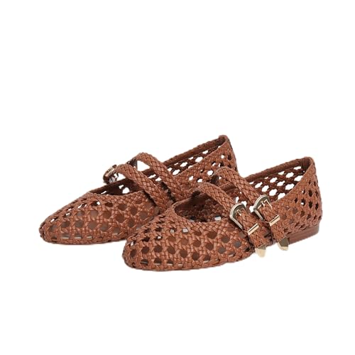 Gengzai Womens Brown Mesh Ballet Flats Shoes Mary Jane Flat
