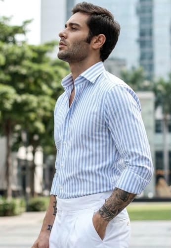 Image of IndoPrimo Men's Striped Shirt | Premium Slim Fit Full Sleeve Formal Casual Shirt | Button-Down Cotton Shirt for Office