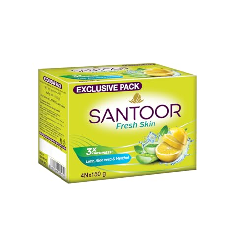 Image of Santoor Fresh Skin Bathing Soap with Lime, Aloe vera & Menthol|Experience 3X Freshness Like Never Before|For All skin Type|150G, pack of 4