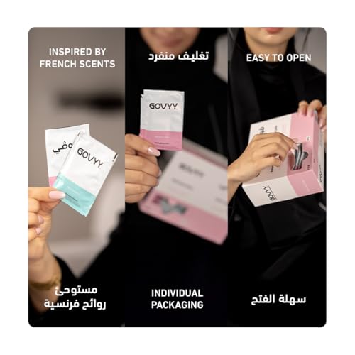 Govyy Refreshing Wipes – 50 individually wrapped pink and white tissues, perfect for cleaning hands on the go and protecting against surfaces in public places. Infused with a refreshing scent