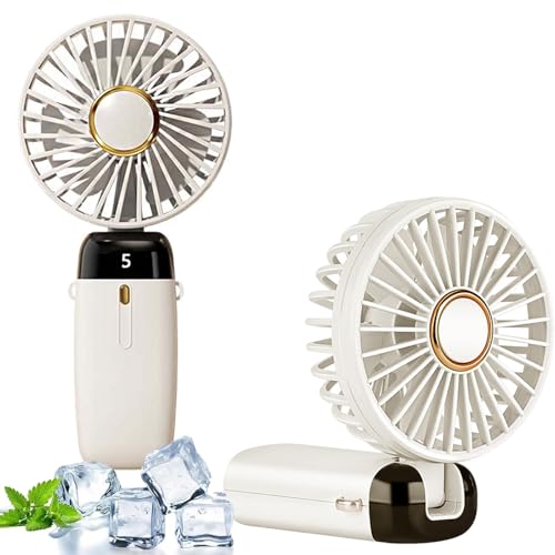 EHIOG Ventilador Portátil USB – Mini Ventilador de Mano con 5 Velocidades, Pantalla Inteligente, Correa y Base, Autonomía de 8-15h – Ideal para Casa, Oficina y Viaje