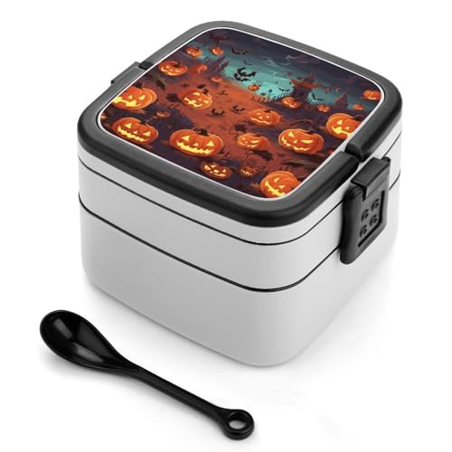 GFLFMXZW Halloween Bento Box Adult Lunch Box All-in-One Lunch Containers with Removable Compartments Double Layer Bento Lunch Box with Spoon And Handle Stackable Lunchbox