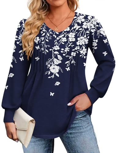 Image of IN'VOLAND Womens Plus Size Shirts V Neck Puff Long Sleeve Tops | Loose Fit, Dressy Casual Blouse, Pleated, Fall Outfits, Business Work TShirts, Basic Tees