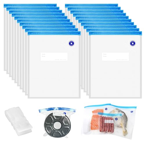 20 Pezzi Sacchetti Freezer Riutilizzabili 30 x 34 cm con Valvola, Cerniera e 2 Clip di Chiusura Sacchetti Riutilizzabili Senza BPA Per la Conservazione Degli Alimenti, Cottura Sottovuoto e Viaggio