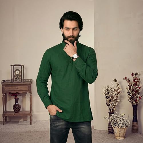 Image of Men's Cotton Regular Short Kurta | Casual & Ethnic Wear with Long Sleeve