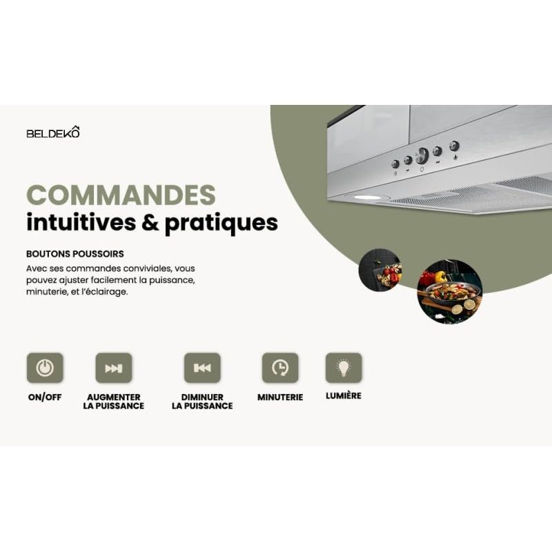 Hotte décorative murale BELDEKO 90 cm – Verre & Inox – 200 Watts - Débit 560 m³/h – 3 vitesses + LED – Recyclage ou évacuation – Marque française