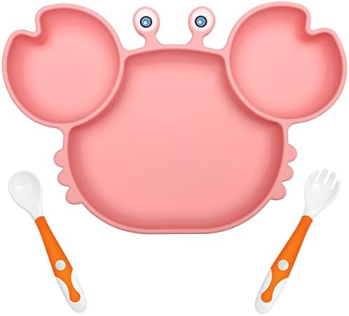 YIVEKO Baby Plates with Suction Divided, Baby Spoon Fork Set for Toddlers, Silicone Plates for Kids with Suction Baby Dishes Kids Plates and Utensils-crab pink