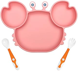 YIVEKO Baby Plates with Suction Divided, Baby Spoon Fork Set for Toddlers, Silicone Plates for Kids with Suction Baby Dishes Kids Plates and Utensils-Crab Pink