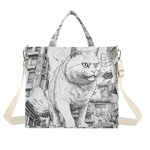 Corduroy Women Tote Bag Huge Cat Drawing Print, Handbag Purses with Detachable Strap Small Size