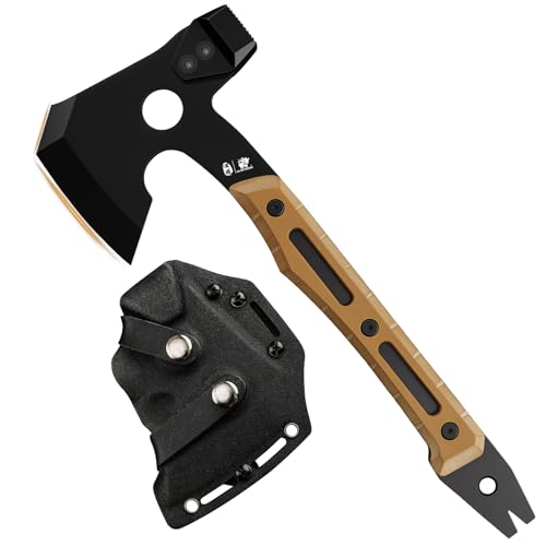 HX OUTDOORS Multifunktionale Axt Volltang Überleben Camping Taktische Axt Beil Titanbeschichtete Klinge G10 Griff Camp Bushcraft Handbeil mit Hammer und Nagelzieher (Braun)