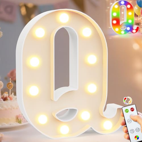 Image of Pooqla LED Light Up Letters, Warm White and Colorful Lighted Marquee Letters with Remote, Lighted Letter for Party Birthday Decorations, Gift for Girls Boys Night Light, Wedding Home Decor, Letter Q