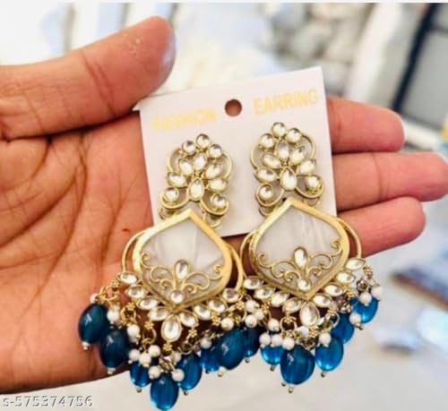 Image of Traditional 20K Gold Plated Kundan Chandbali Earrings with Black Beads and Faux Pearls for Women - Ethnic Wedding & Partyy Wear Statement Jewelry