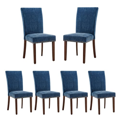 Image of COLAMY Upholstered Parsons Dining Chairs Set of 6, Fabric Dining Room Kitchen Side Chair with Nailhead Trim and Wood Legs - Dark Blue