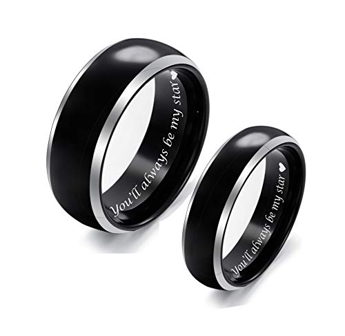 Personalized Two Tone Black & Silver Titanium Ring Set Custom Engraved Free In Any Language - His & Hers Couple's Ring Set - Titanium Wedding Band Set - Ships from USA3
