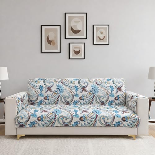 Image of Homerz Premium 6(3+2+1) Seater Quilted Reversible Sofa Cover Mat with Pocket Arms | Polyester Blend 350 GSM Full Coverage & Back Belt for Stability (Floraya, 6(3+2+1) Seater)