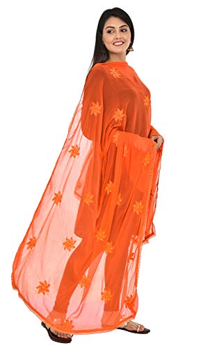 Image of YOUTHQUAKE Flower Embroidered Diamond Work Chiffon Dupatta for Womens & Girls With 4 Side Lace