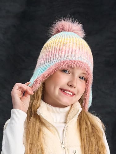 Girls Winter Beanie Hat with Ear Flaps Kids Warm Fleece Lined Pom Pom Knit Hats Snow Ski Cap 4-10 Years3